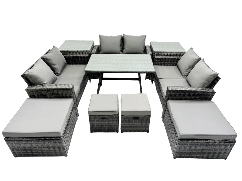 Image of Fimous 10 Seater Outdoor Table Double Seat Sofa 4 Stools 2 Side Table Set in Dark Grey Dark Grey Unisex
