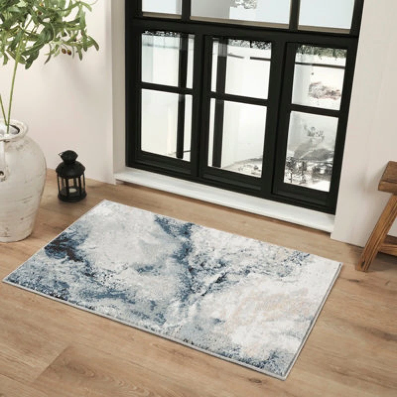 Image of Livabliss Abstract Modern Marble Dark Blue Emma Area Rug 60 X 90 Cm - Easy Care, Non Shedding, Ideal For Living Room & Bedroom