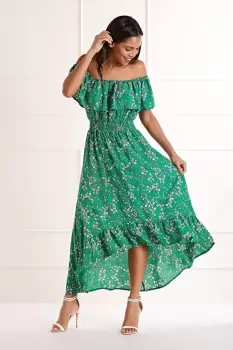 Image of Green Ditsy Print Bardot Dipped Hem Dress