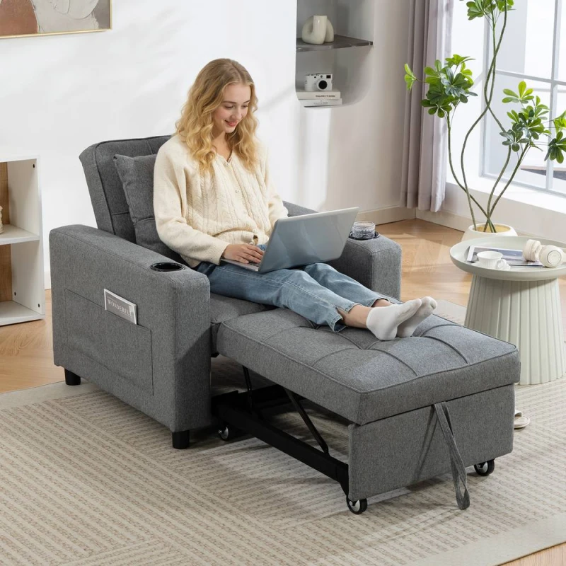 Image of HOMCOM 3-in-1 Sofa Bed, Convertible Sleeper Chair with Adjustable Backrest in Dark Grey Size: 1 Seater Dark Grey Unisex 1 Seater