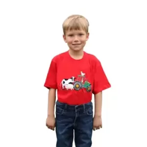 Image of British Country Collection Childrens/Kids Farmyard T-Shirt (7-8 Years) (Red/White)