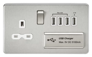 Image of KnightsBridge 13A 2G Screwless Brushed Chrome 1G Switched Socket with Quad 5V USB Charger Ports - White Insert