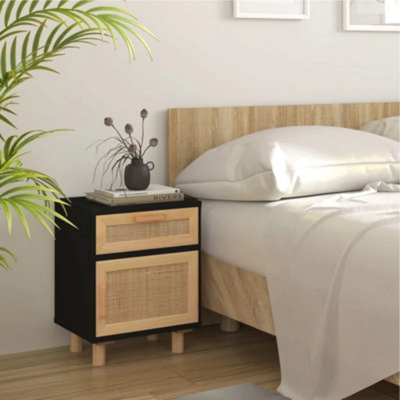 Image of Vidaxl Bedside Cabinet Black Solid Wood Pine And Natural Rattan, Black 345608