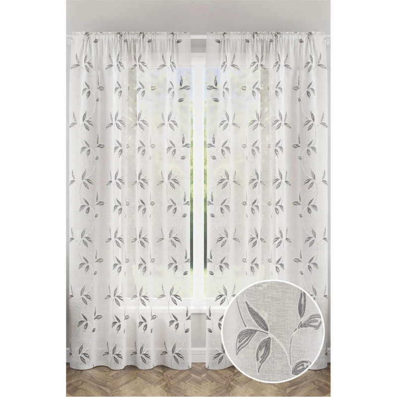 Image of Tyrone Textiles Oasis Embroidered Leaf Design Voile Panels - Pair - Grey Grey 140x229cm