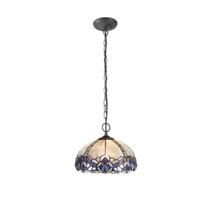 Image of 2 Light Downlight Ceiling Pendant E27 With 30cm Tiffany Shade, Blue, Clear Crystal, Aged Antique Brass