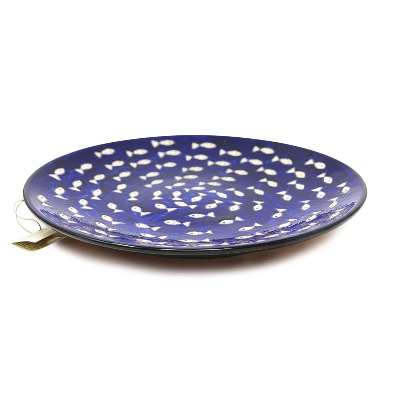 Image of Verano Spanish Ceramics Signature Blue & White Fish Hand Painted Ceramic Kitchen Dining Large Platter (Diam) 42cm Multi