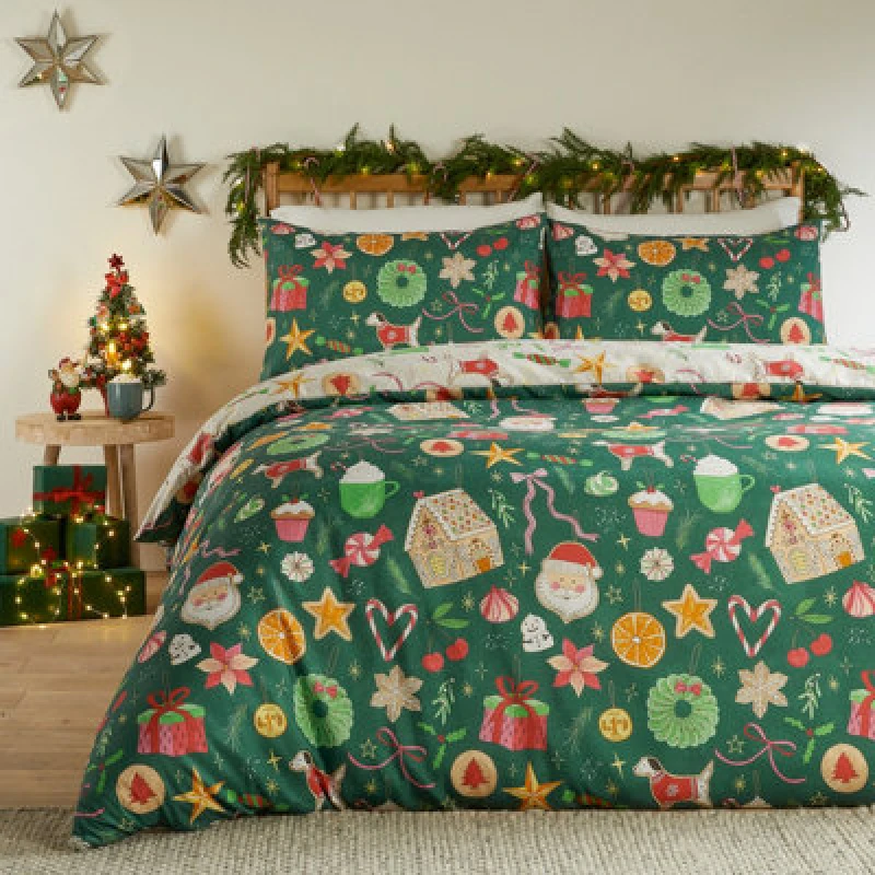 Image of Duvet Day Festive Treats Printed Soft Touch Duvet Set, Double, Green