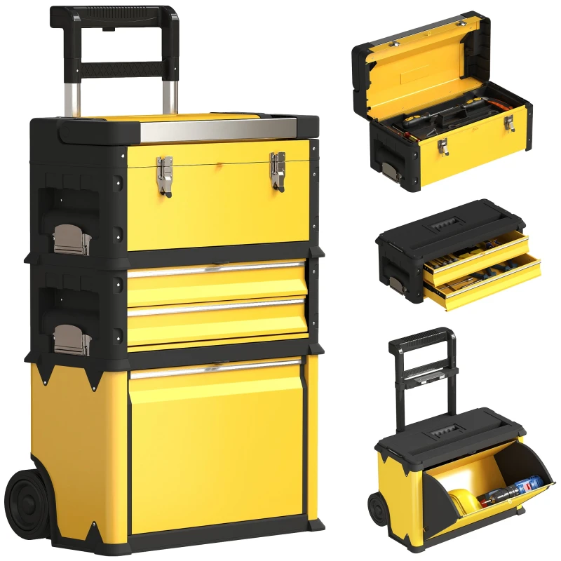 Image of HOMCOM HOMCOM 3-in-1 Stackable Tool Box with Handles, Tray, Rolling Steel Toolbox in Yellow Yellow One Size Unisex 5063603087439