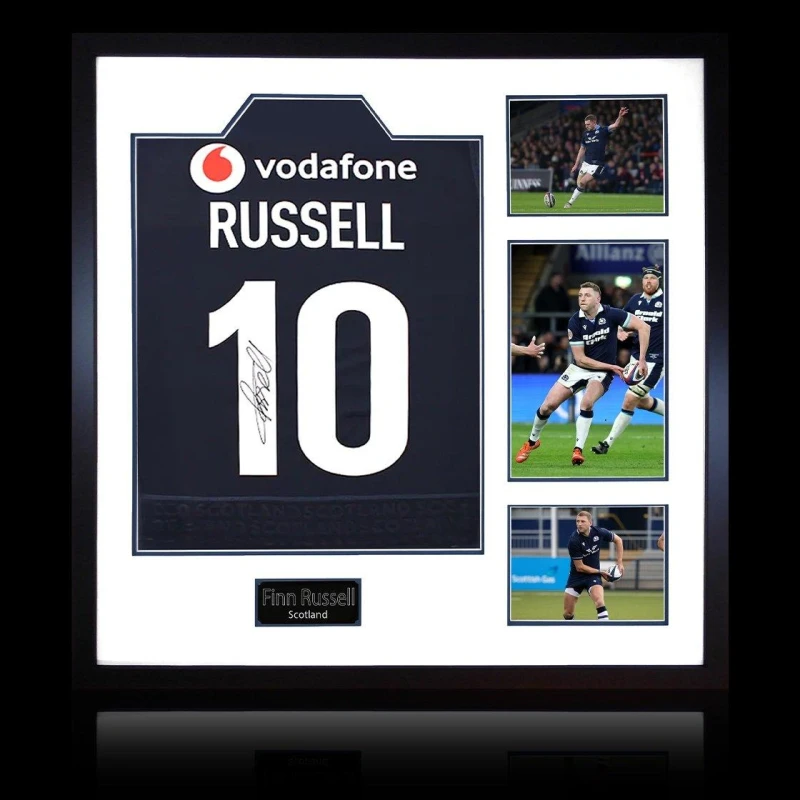 Image of The Fan Cave Finn Russell Signed Scotland 2025 Shirt Elite Fram Black unisex 820mm x 82