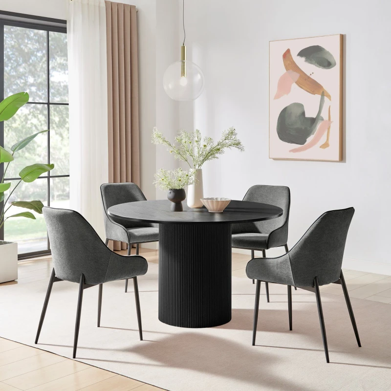 Image of FurnitureboxUK FurnitureboxUK Penrose Black Round Dining Table & 4 Beaumont Chairs in Grey Grey One Size Unisex 5061064385514