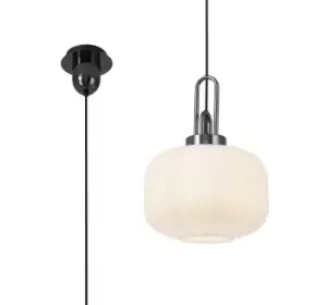 Image of 1 Light Pendant E27 With 30cm Pumpkin Shaped Ribbed Glass, Opal Black Chrome, Matt Black