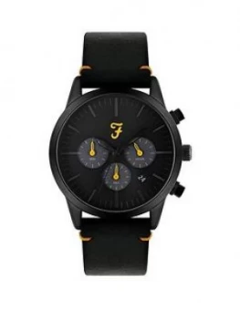 Image of Farah Black And Yellow Detail Chronograph Dial Black Leather Strap Mens Watch