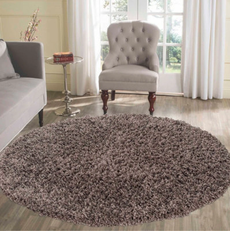 Image of Desire Rugs Plain Living Room Shaggy Area Rugs Taupe Round 120X120 Cm