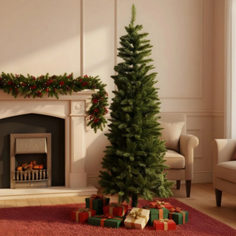 Image of Shatchi Slim Pine Green Tree Christmas Holiday Festive Xmas Home Decorations with Pencil Point Tips, Metal, 5ft Green