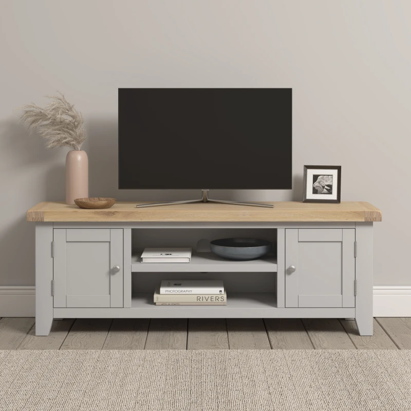 Image of Seconique Windsor Straight TV Unit - Pebble Grey/oak
