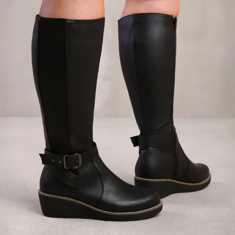 Image of Wheres That From Ayleen Black Wide Calf Wedge Knee-High Boots Black Pu female 5