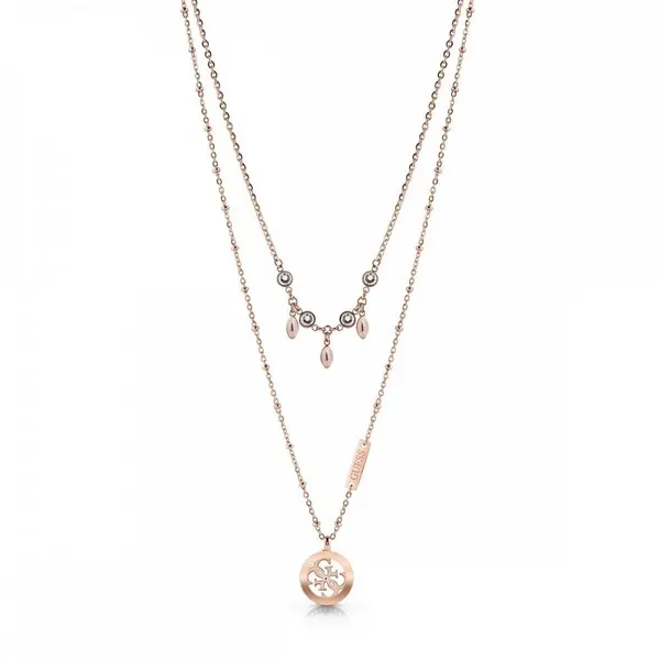 Image of Guess Jewellery Guess Double Chain Crystal Rose Encrusted Charm Neckla