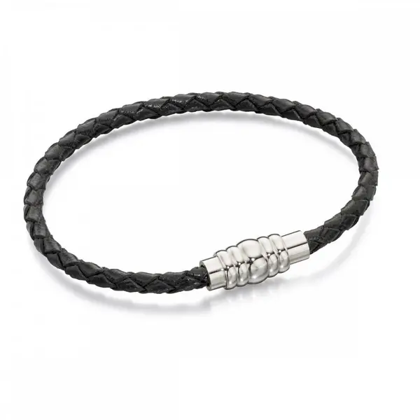 Image of Fred Bennett Skinny Stainless Steel Black Leather Magnetic Bracelet B4