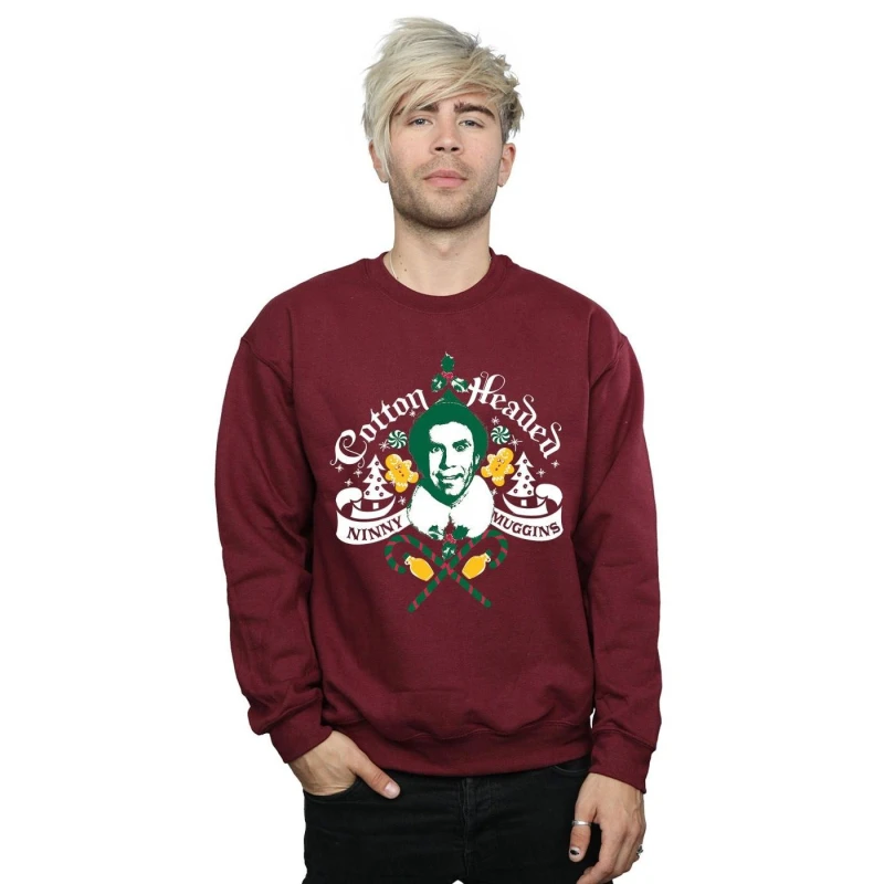 Image of Elf Elf Men Headed Ninny Muggins Sweatshirt in Burgundy Size: Small Burgundy S Male 5057736071946