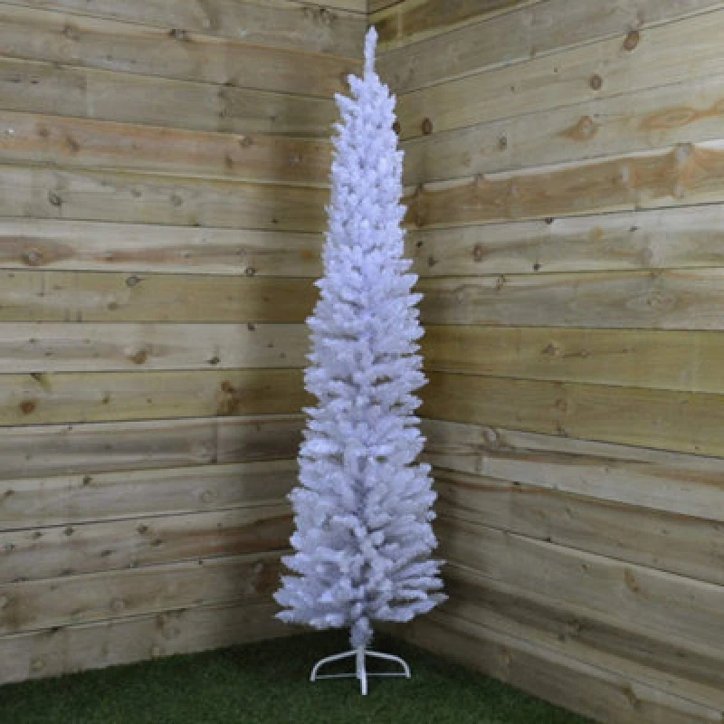 Image of Shatchi Artificial Flocked Slim Christmas White Pencil Tree Home Decorations with Pointed Tips and Metal Stand White