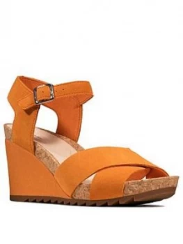 Image of Clarks Flex Sun Leather Ankle Strap Wedge Sandal - Amber