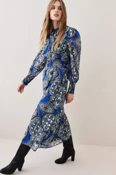 Image of Tile Print Georgette Pleated Woven Shirt Dress