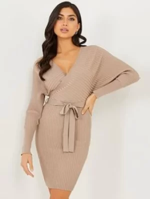 Image of Quiz Batwing Knitted Jumper Dress, Light Brown, Size S, Women