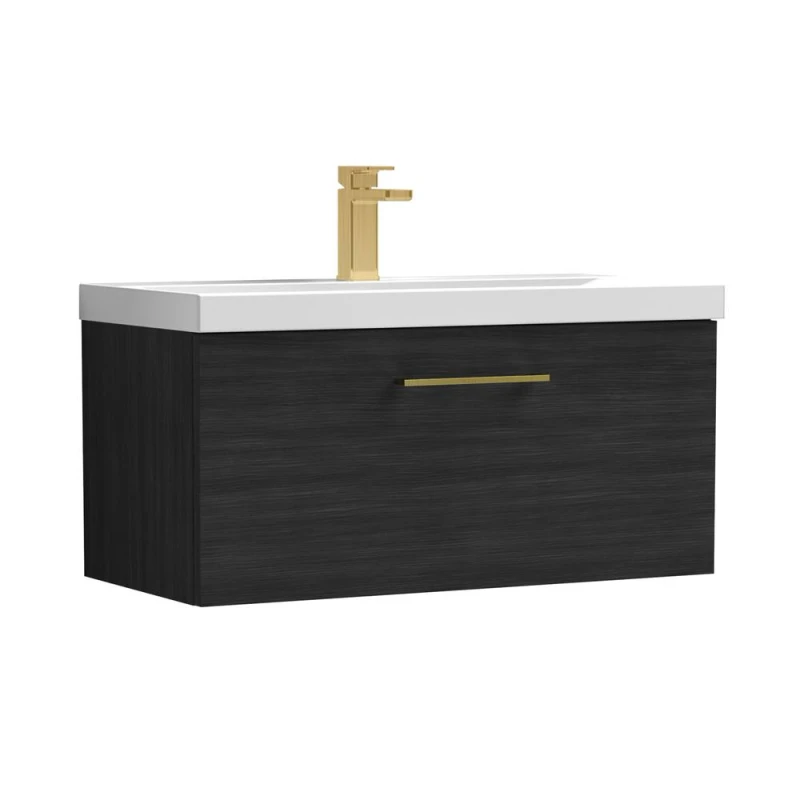 Image of Balterley 800mm Wall Hung 1 Drawer Vanity Unit, Woodgrain Black, Brass Handle in Black Unisex