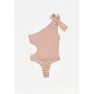 Image of Missguided Bow One Shoulder Slinky Bodysuit - Nude