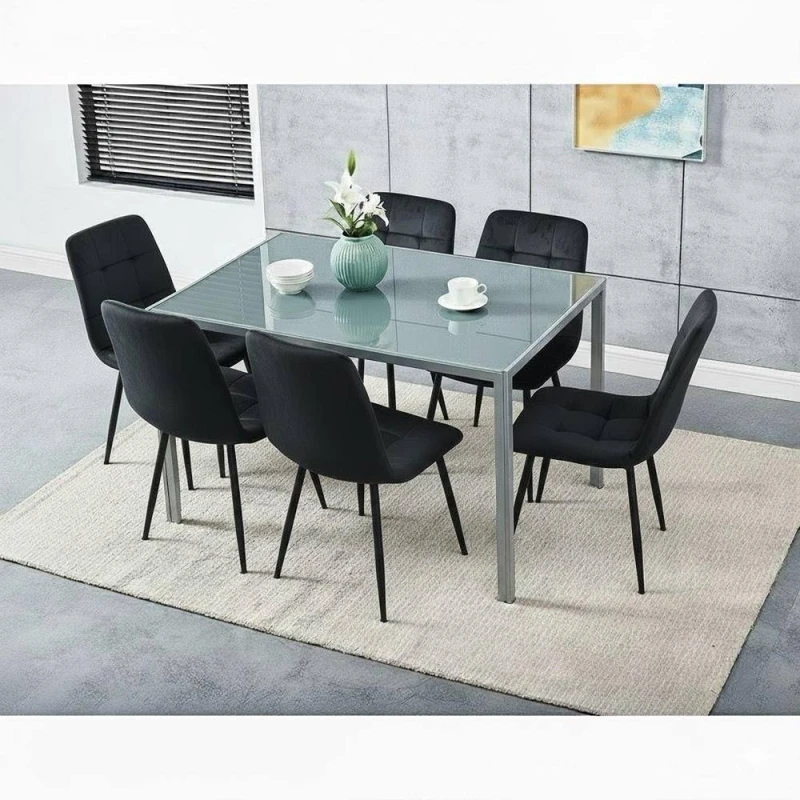 Image of KOSY KOALA Grey Glass Dining Table with 6 Black Velvet Chairs Set Size: 120cm x 70cm Grey Unisex 120cm x 70 cm