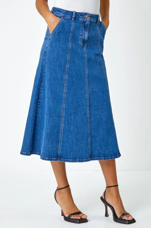 Image of Roman Womens Cotton Denim Panelled Midi Skirt in Mid Blue Size: 20 Mid Blue Female 20