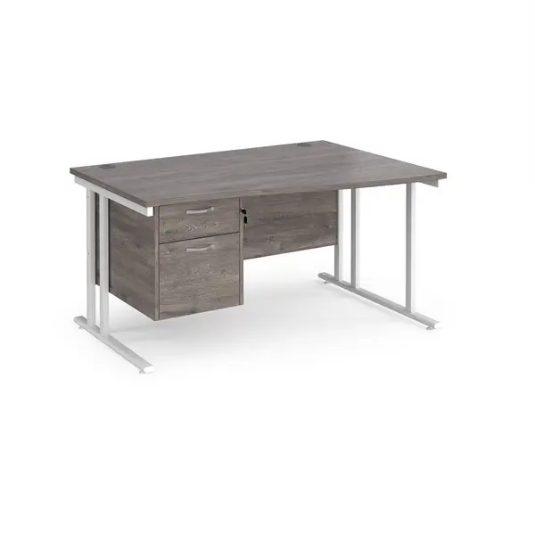 Image of Maestro 25 right hand wave desk 1400mm wide with 2 drawer pedestal - white cantilever leg frame, grey oak top