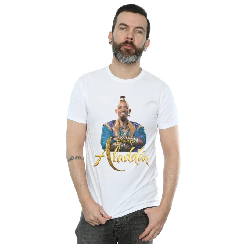 Image of Disney Men Aladdin Movie Genie Photo T-Shirt in White Size: Small White S Male 5059308458520