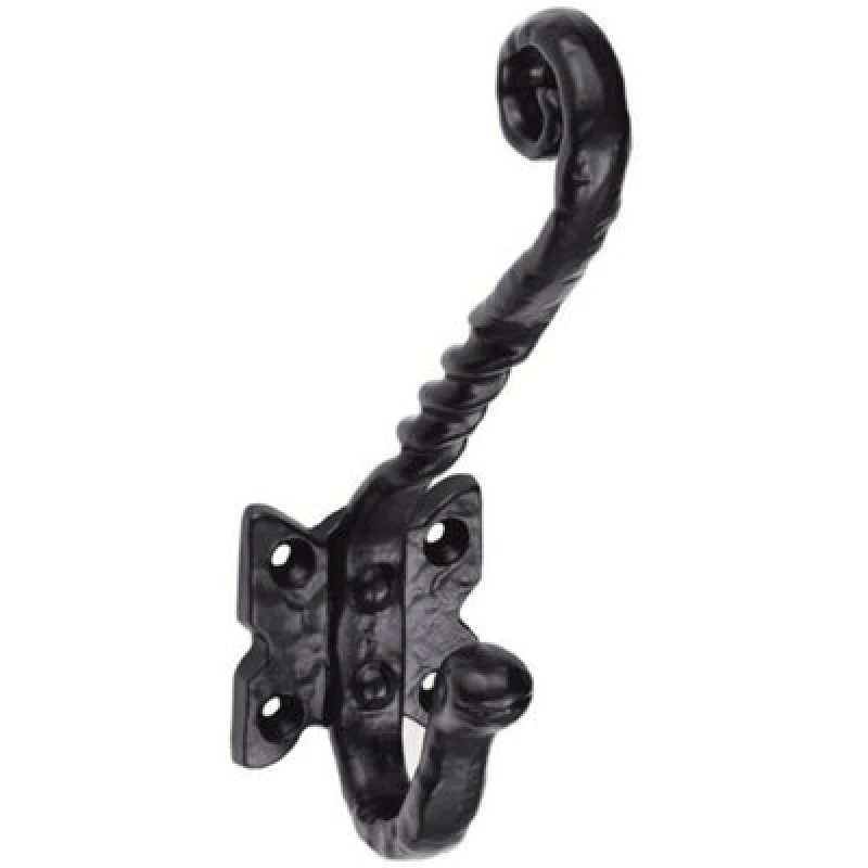 Image of Loops Ornate Twisted Hat & Coat Hook on Butterfly Backplate 82mm Proj Black Antique Black