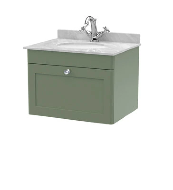 Image of Nuie Classique Wall Hung 1 Drawer Vanity Unit & 1 Tap Hole Grey Marble Top With Oval Basin, Stylish Sink Vanity Unit In Satin