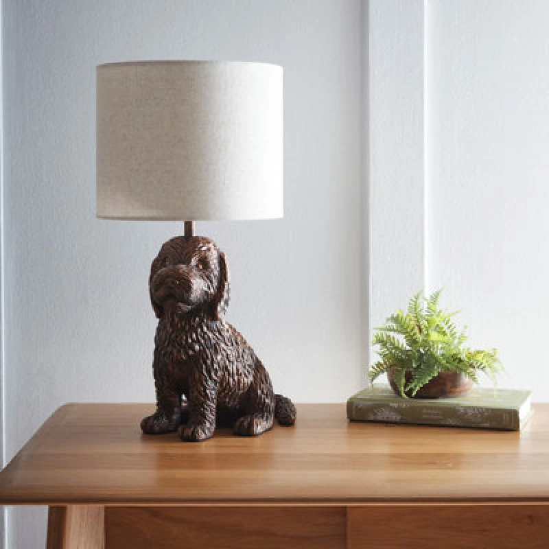 Image of K Living Puppy Animal Table Lamp In Antique Copper With Linen Shade Elegant Lighting