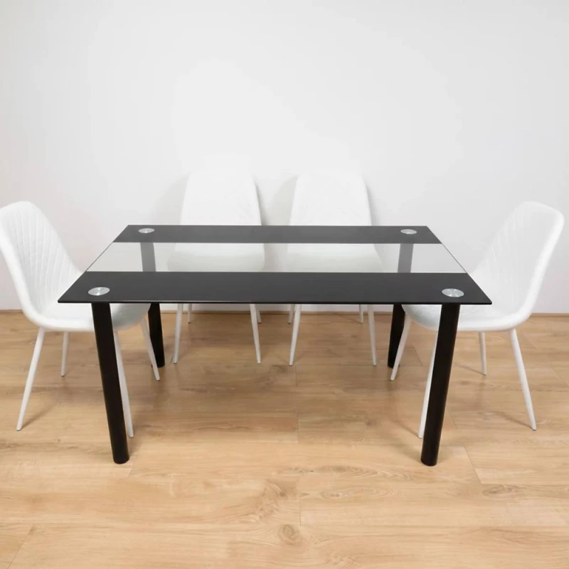 Image of Kosy Koala Black Clear Glass 4 Gem Pattern Faux Leather Padded Black Chairs Dining Room Furniture