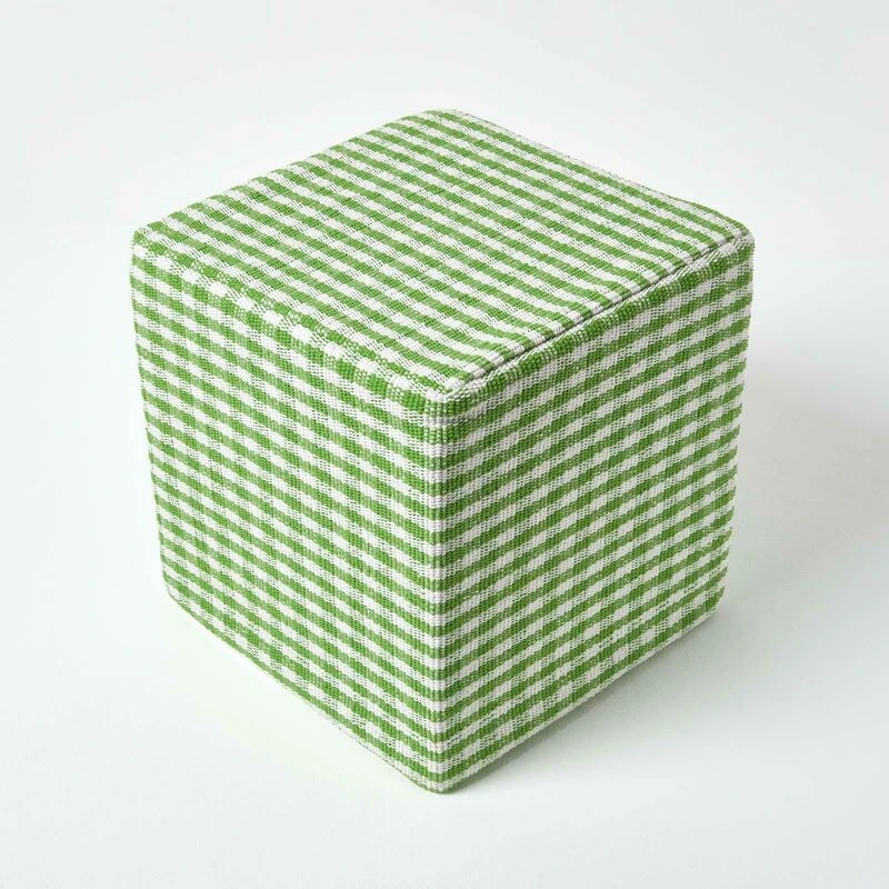 Image of Homescapes Gingham Check Cotton Cube Pouffe Green