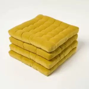 Image of Set of 4 Mustard Yellow Quilted Velvet Chair Pad, 40 x 40cm - Yellow - Homescapes
