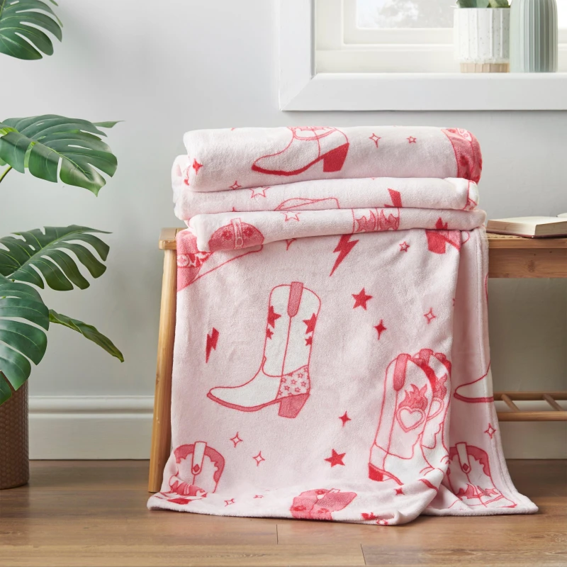 Image of Sassy B 'Cowgirl Boots' Cosy Fleece Oversized Blanket Throw Pink
