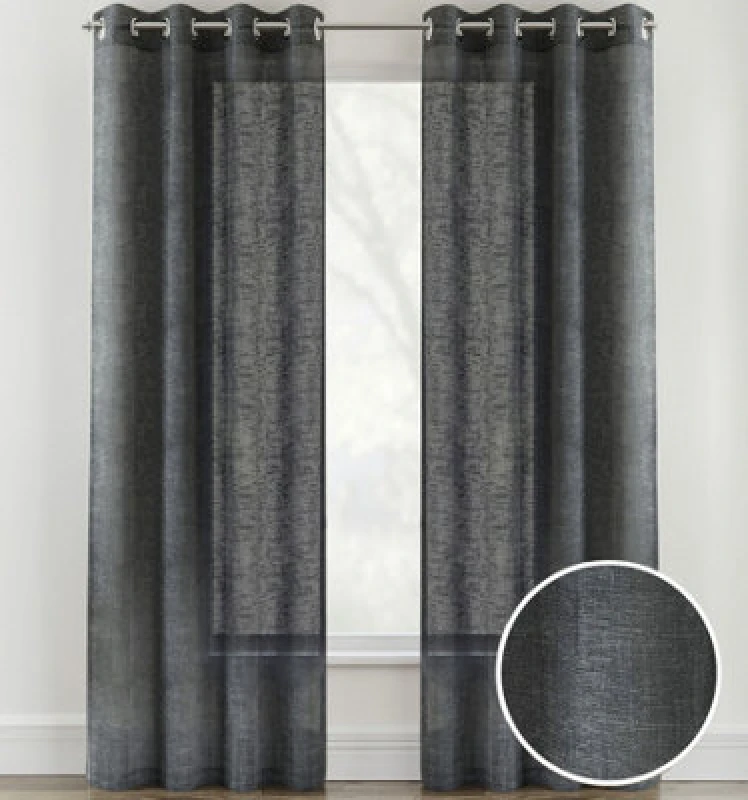 Image of Tyrone Textiles Pair Of Crete Charcoal Luxury Linen Look Sheer Panels With Eyelet Header 183 Cm