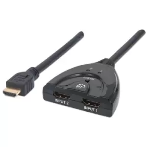 Image of Manhattan HDMI Switch 2-Port 1080p Connects x2 HDMI sources to x1 display Manual Switching (via button) Integrated Cable (50cm) No external power requ