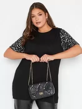 Image of Yours Curve Leopard Foil Sleeve T-Shirt Black, Size 16, Women