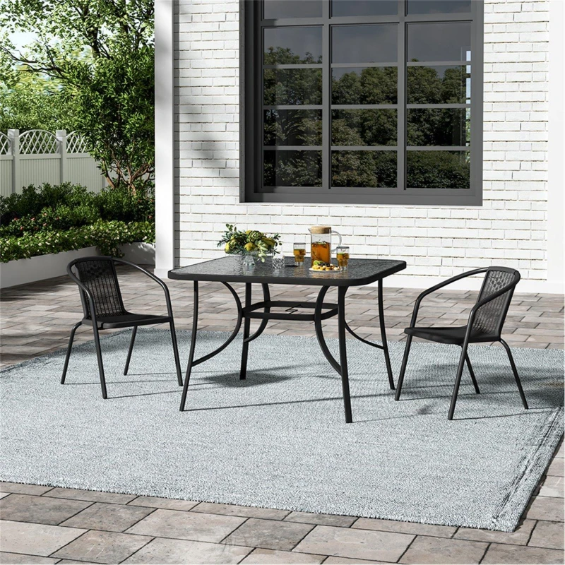 Image of Breeins Tempered Glass Table with 2 Rattan Chairs - Black L