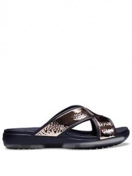 Image of Crocs Sloane Hammered X Strap Slide BlackRose Gold BlackRose Gold Size 4 Women