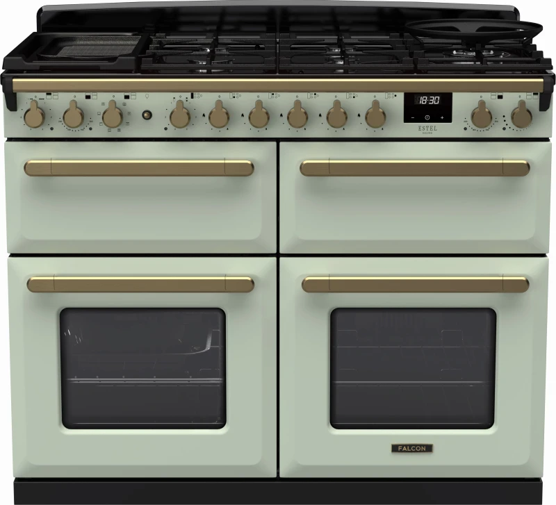 Image of Rangemaster Estel Deluxe ESDLB110DFPMNT/AB1 110cm wide Dual Fuel Range Cooker with Gas Hob - Mint / Antique Brass - A/A Rated