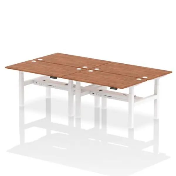 Image of Air Air Back-to-Back 1400 x 800mm Height Adjustable 4 Person Bench Desk Walnut Top with Cable Ports White Frame HASCP4P14800WNTW