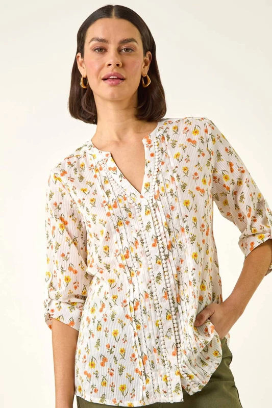 Image of Roman Womens Floral Print Trim Blouse in White Size: 12 White Female 12