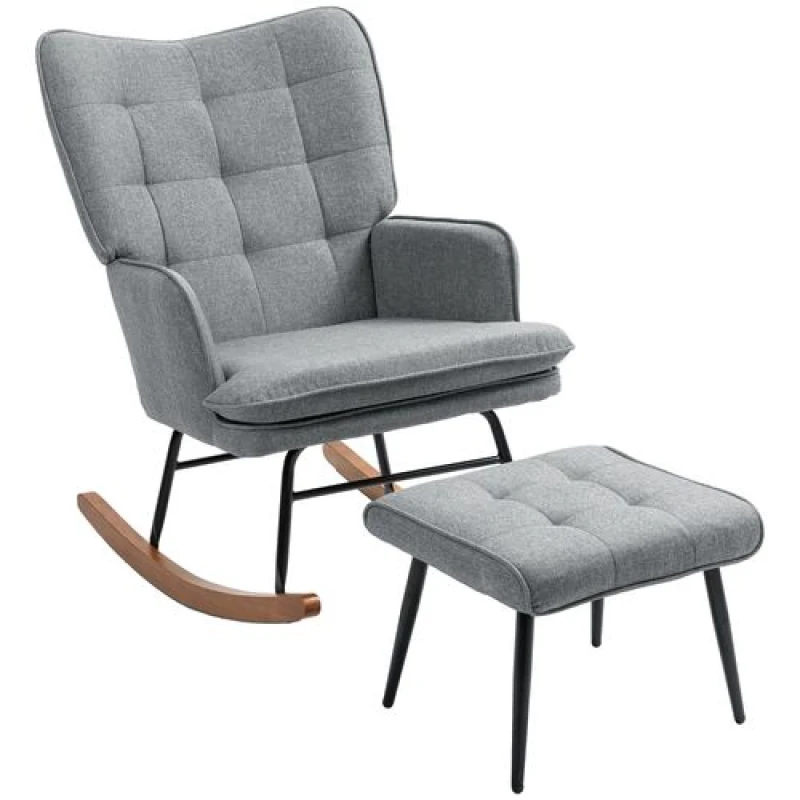 Image of HOMCOM Rocking Chair with Footstool Fabric Wingback Chair for Bedroom Grey TJ Hughes 5056725576707