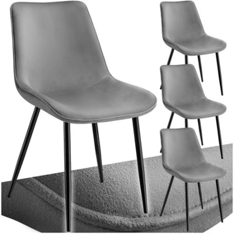 Image of Tectake Set Of 4 Dining Chair Monroe - Padded, Velvet Look, Ergonomic Seat, Black Steel Legs - Grey